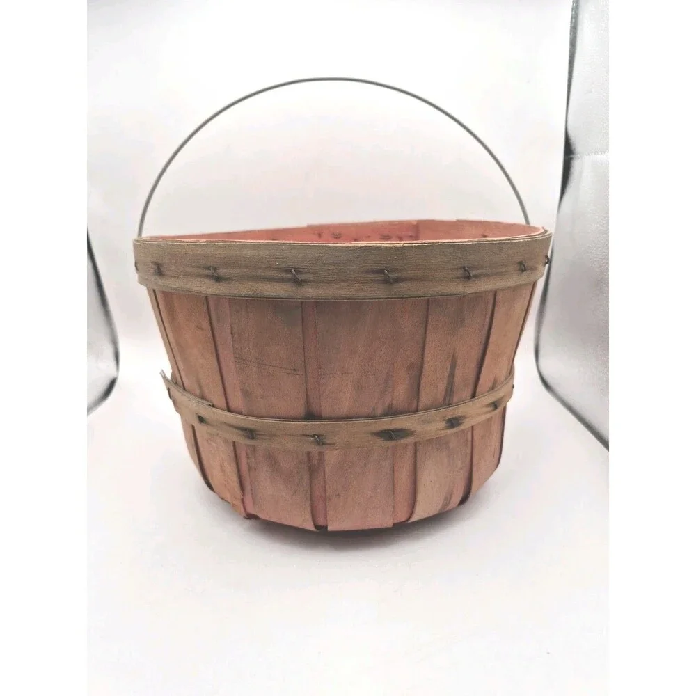Vintage Wooden Apple Basket With Metal Handle Rustic Farmhouse Decor